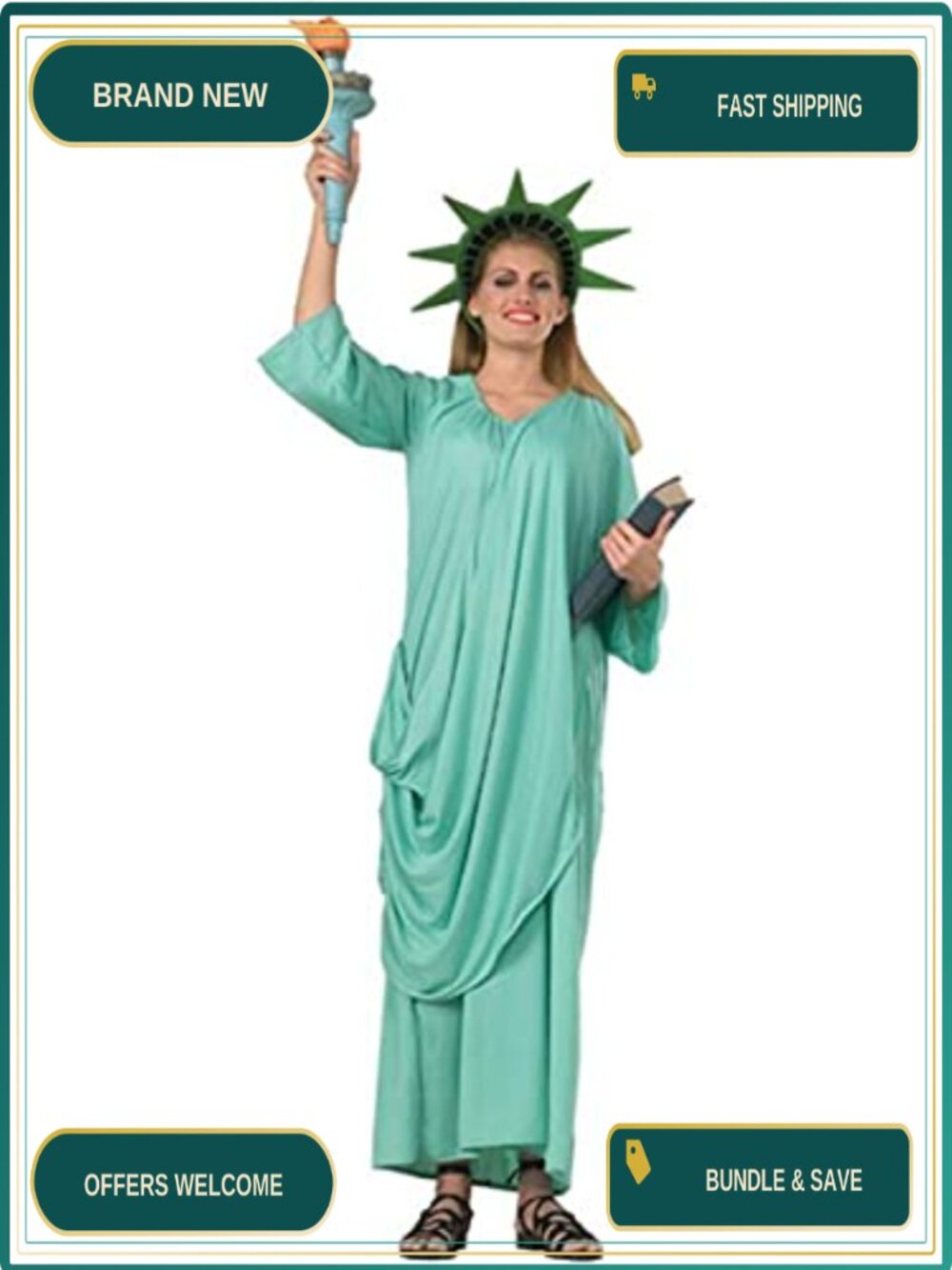 Adult Statue of Liberty Costume Draped Dress & Headpiece
